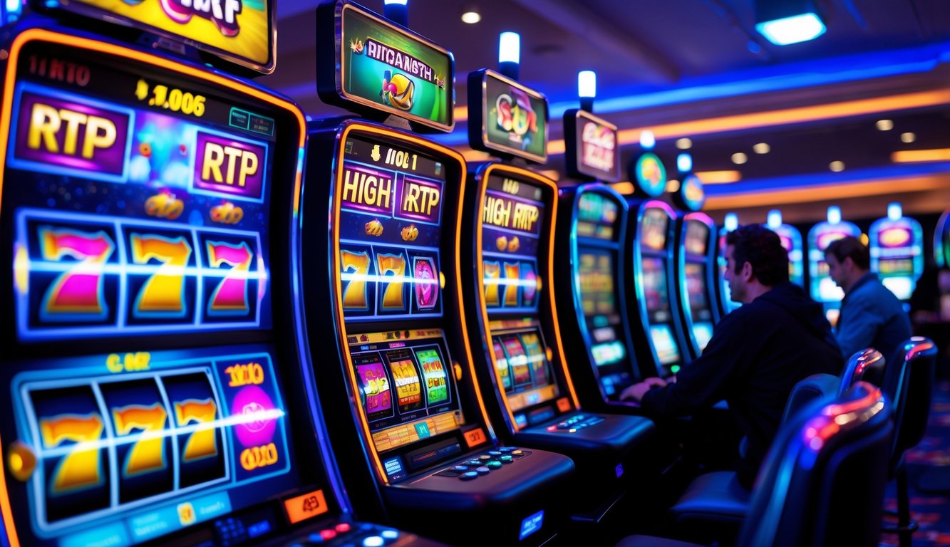 Area mesin slot di kasino yang terang dengan beberapa orang bermain dan mesin menunjukkan pola kemenangan.