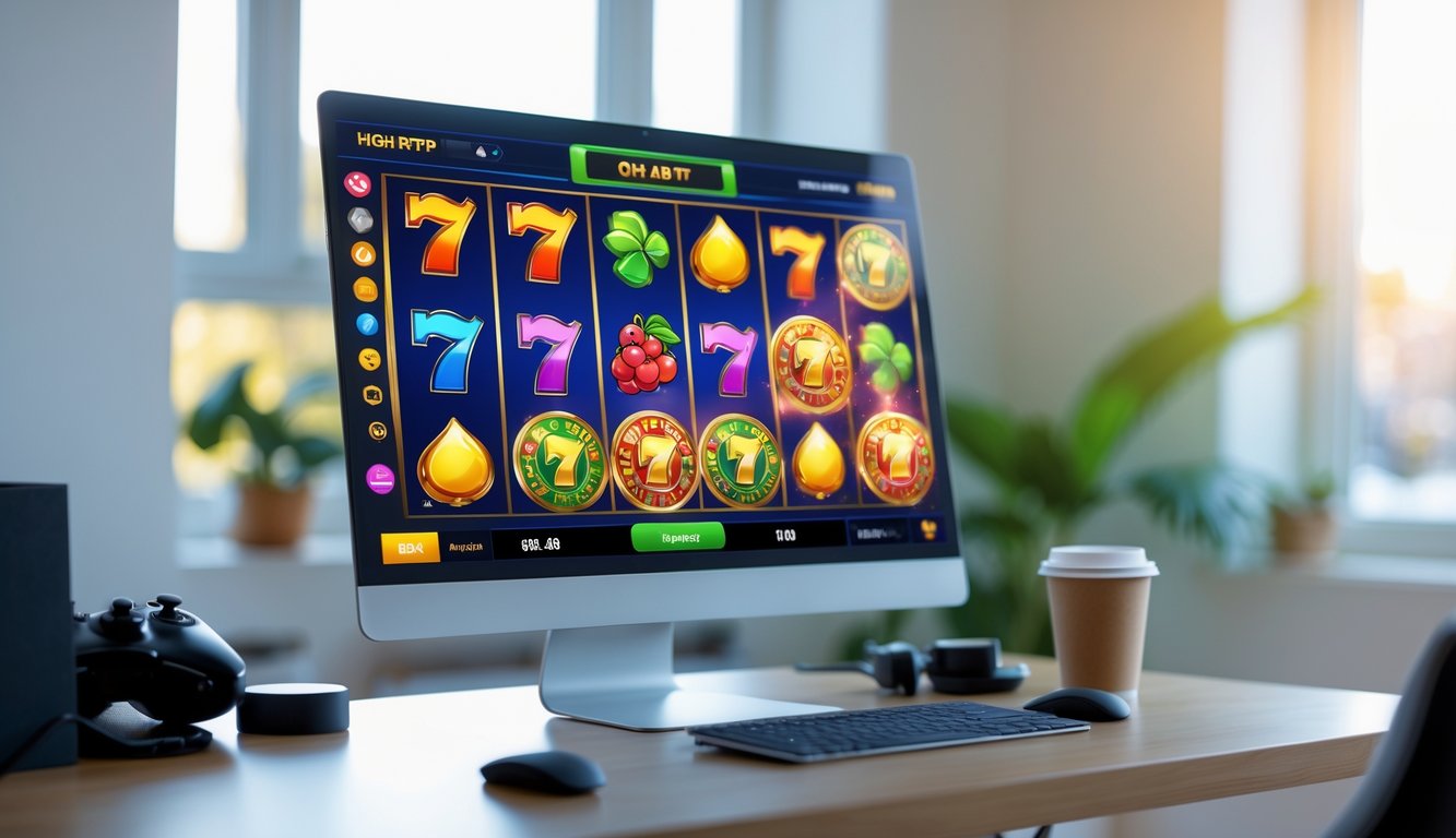 Layar komputer menampilkan permainan slot online dengan simbol warna-warni di ruang kerja rumah yang terang dan nyaman.