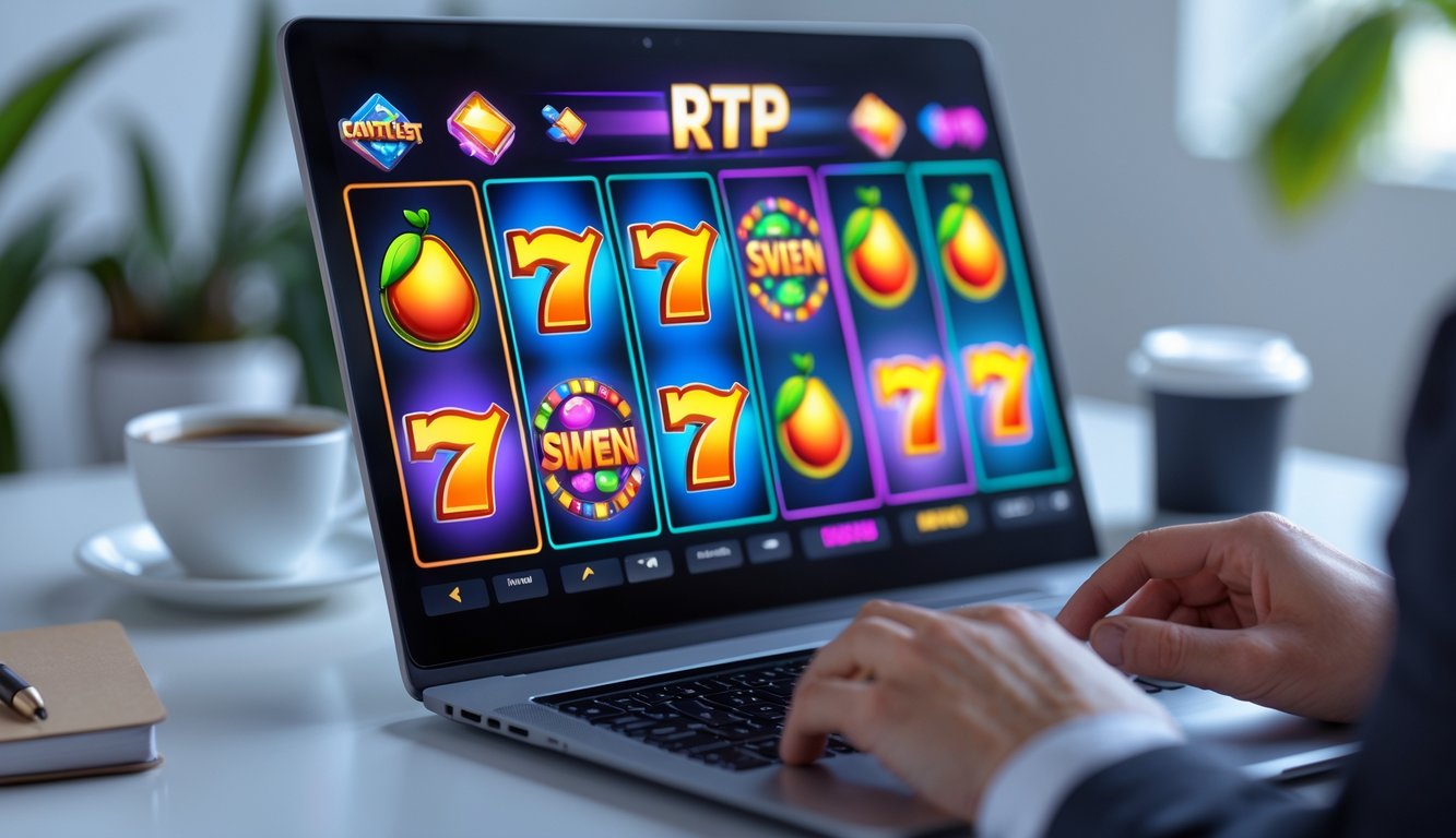 Tampilan layar komputer menampilkan permainan slot online dengan simbol warna-warni dan tangan seseorang sedang bermain di meja kerja yang rapi.