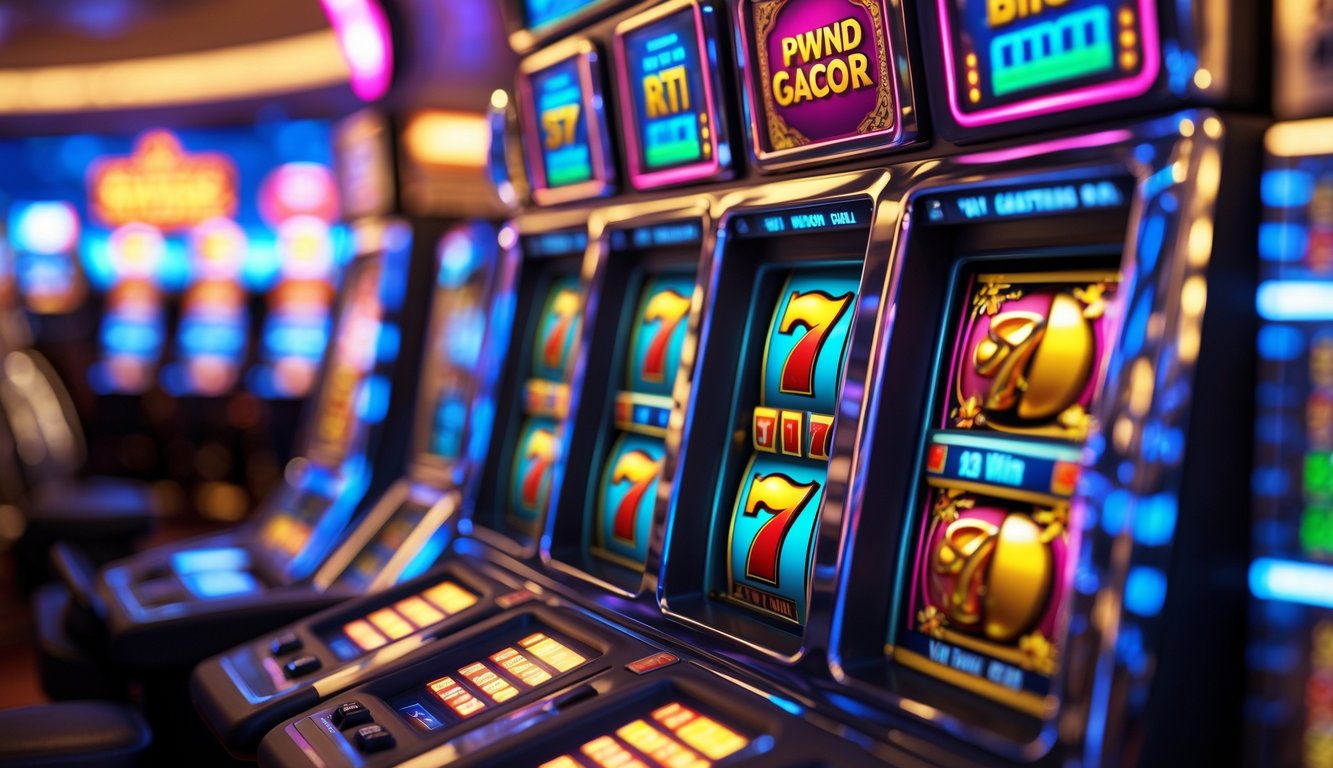 Mesin slot modern dengan simbol kemenangan berwarna cerah di lantai kasino yang ramai.