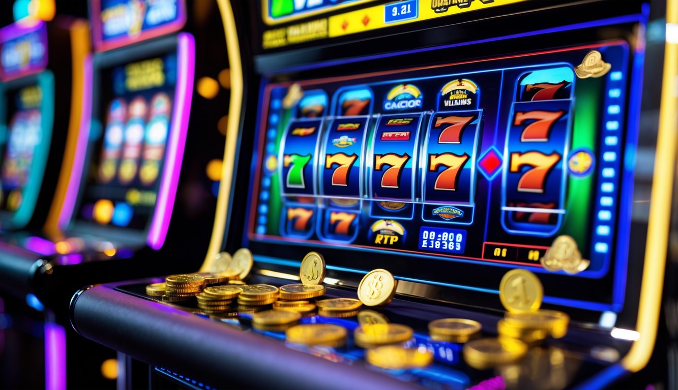 Mesin slot modern dengan lampu warna-warni dan koin berkilauan yang melambangkan keberuntungan dan peluang menang tinggi.