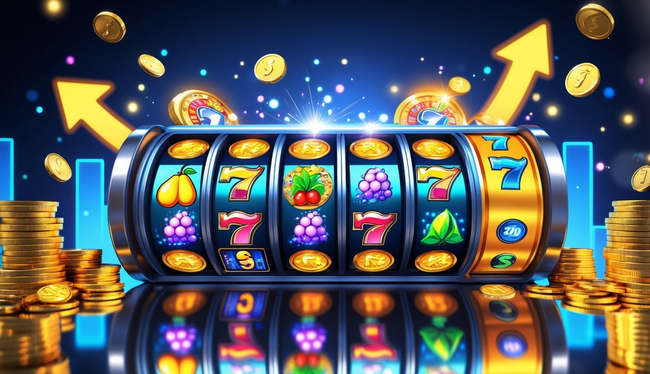 Antarmuka mesin slot online dengan simbol warna-warni dan tumpukan koin emas yang menggambarkan kemenangan besar.