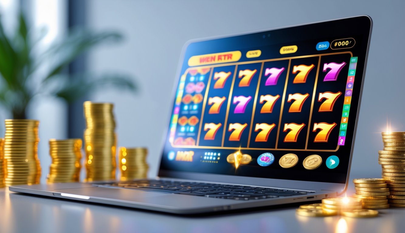 Layar komputer menampilkan gulungan mesin slot berwarna cerah dengan tumpukan koin emas dan berlian di sekitarnya, menggambarkan permainan slot online dengan peluang menang besar.