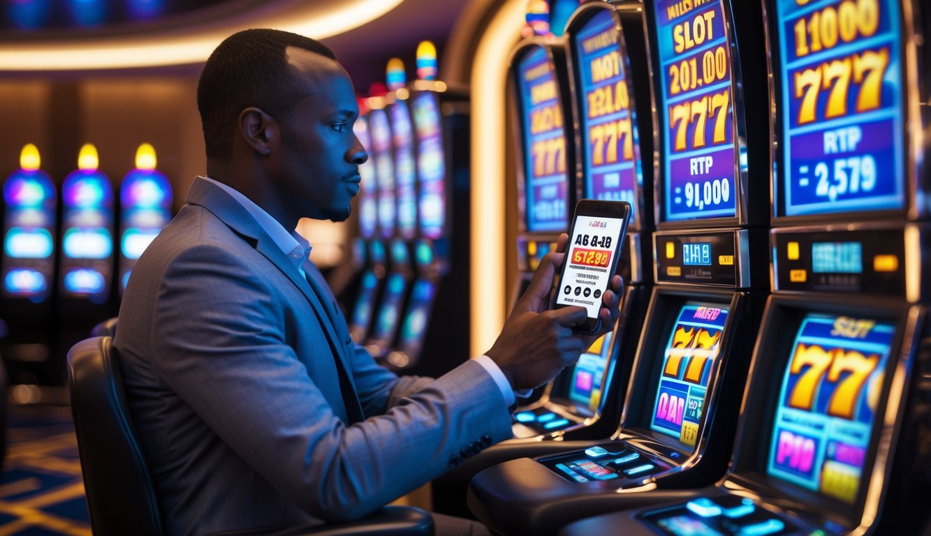 Seorang pemain dewasa sedang menganalisis mesin slot di kasino modern dengan lampu warna-warni dan layar digital.