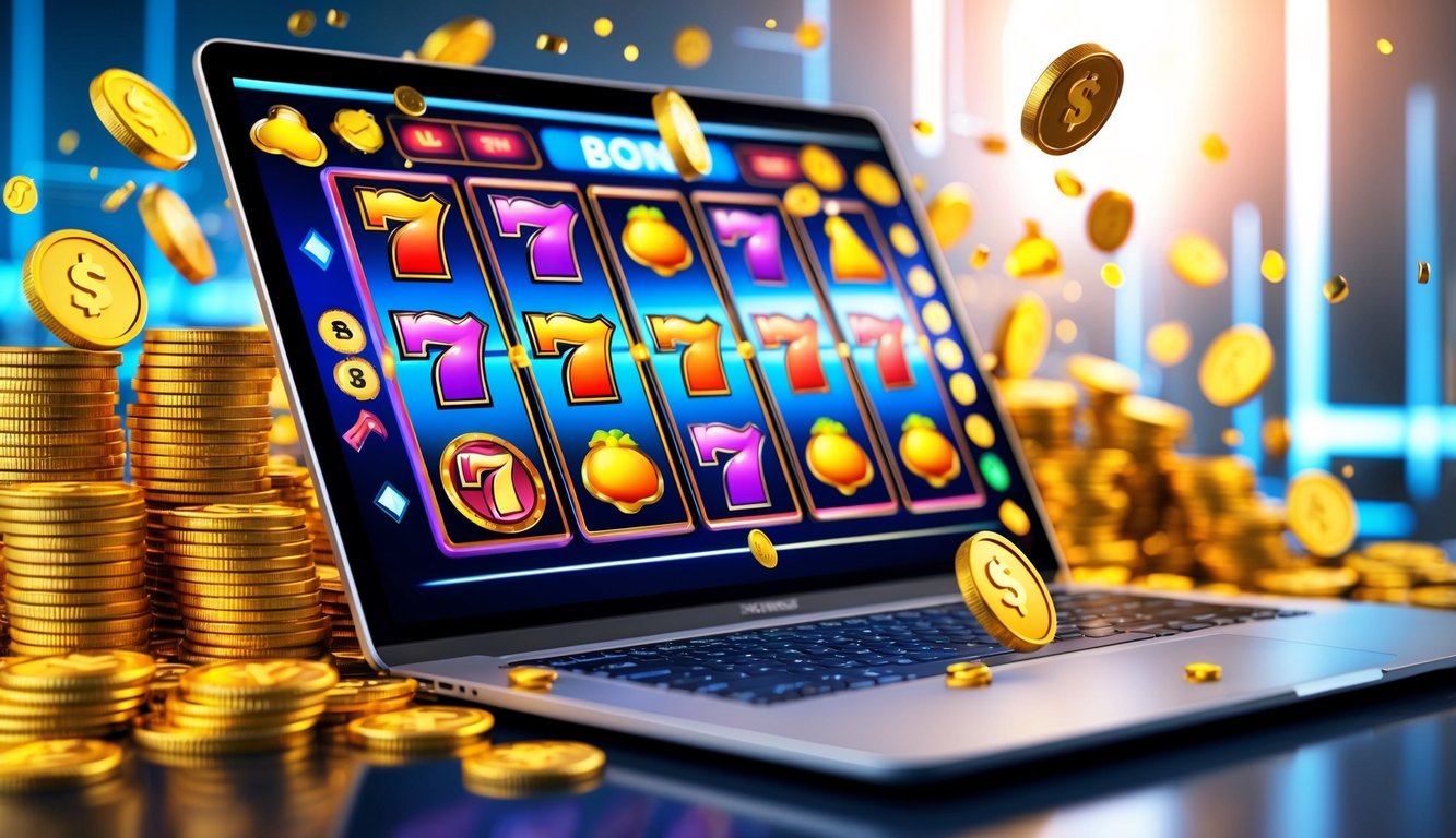 Layar komputer menampilkan permainan slot online dengan koin emas dan simbol keberuntungan di sekitarnya.