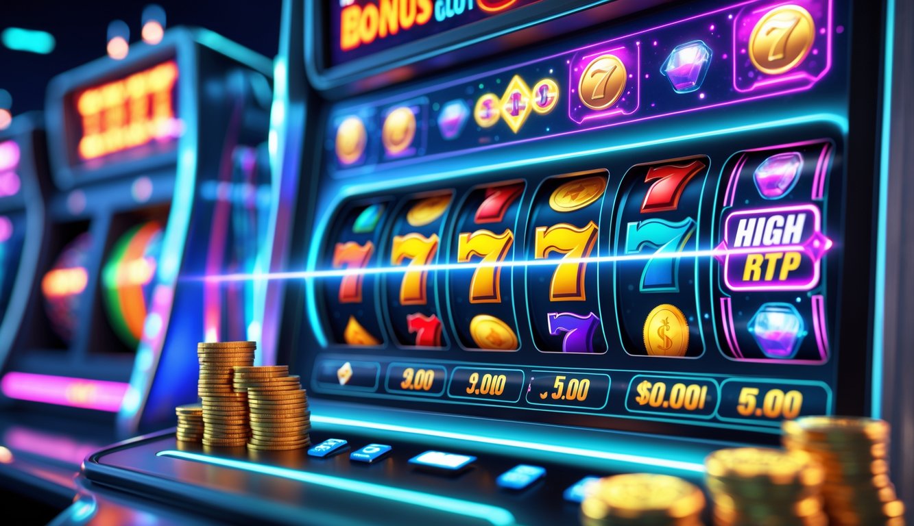 Tampilan antarmuka mesin slot online dengan gulungan berwarna-warni dan simbol klasik, menunjukkan suasana permainan slot yang menarik dan penuh peluang menang besar.