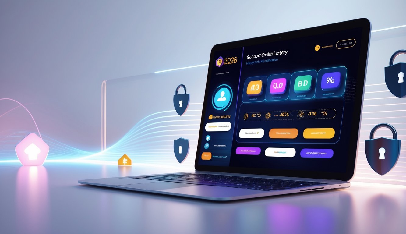 Sebuah layar perangkat modern menampilkan antarmuka situs togel online yang aman dan terpercaya dengan elemen simbol keamanan di sekitarnya.