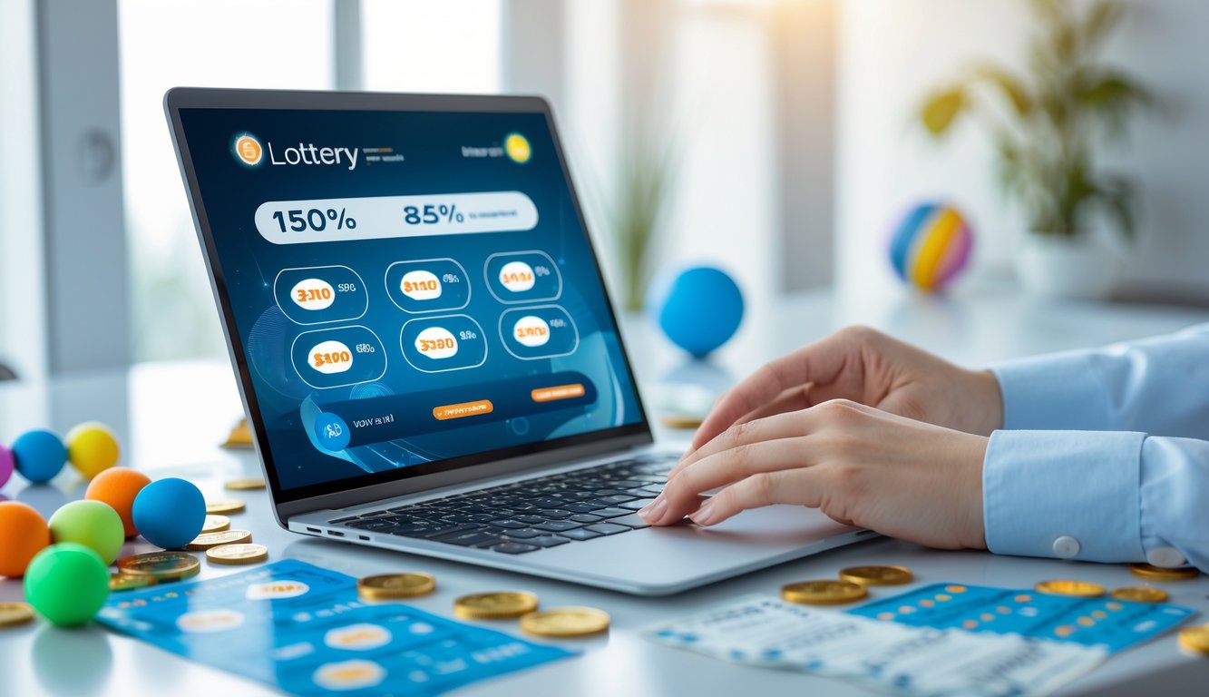 Seseorang menggunakan laptop dengan tampilan antarmuka lotere online di meja kerja yang rapi dan terang.