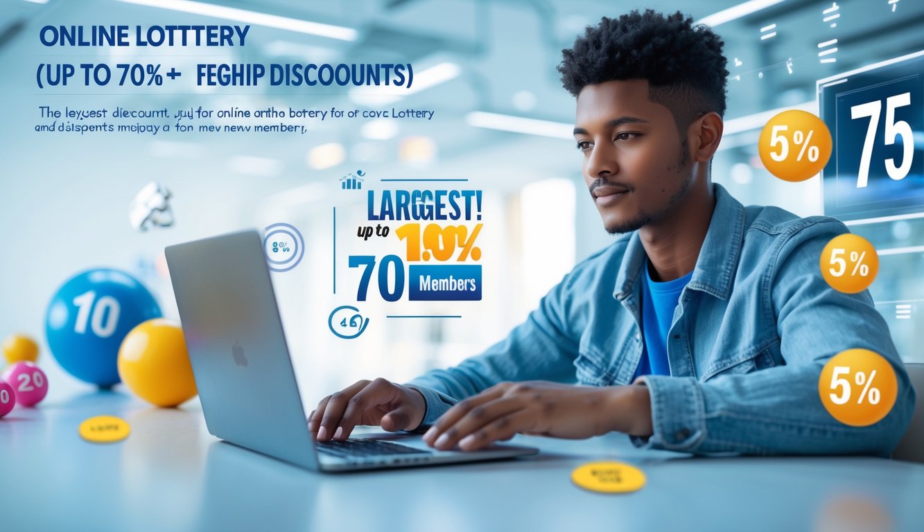 Seorang dewasa muda menggunakan laptop di ruang kerja modern dengan elemen digital yang melambangkan diskon besar dan permainan togel online.