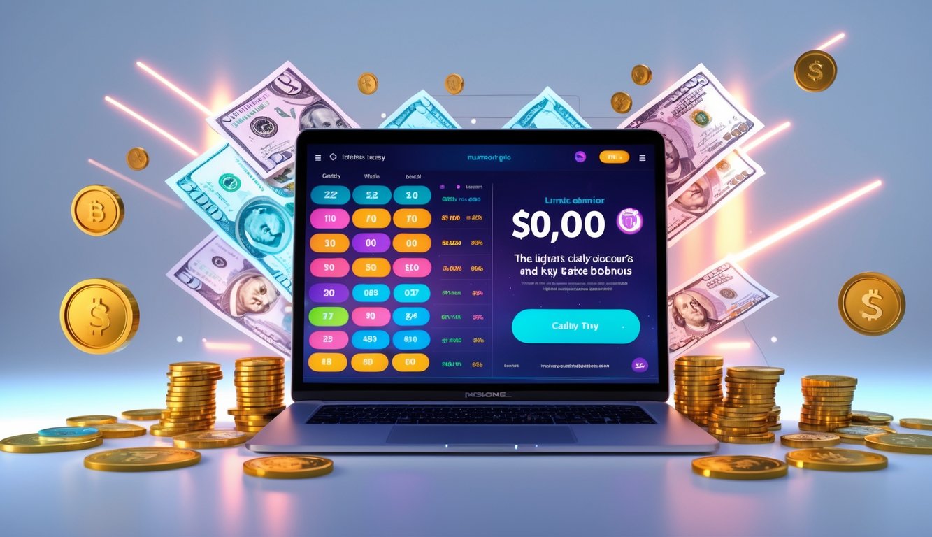 Sebuah laptop dan smartphone menampilkan antarmuka togel online dengan simbol uang di sekitarnya.