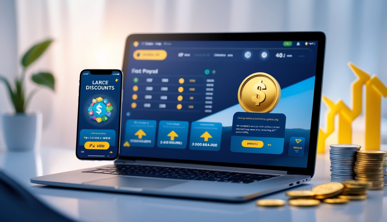 Sebuah meja kerja modern dengan laptop dan ponsel menampilkan antarmuka permainan togel online dan notifikasi pembayaran cepat.