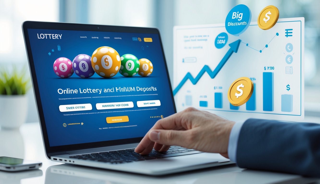 Seseorang menggunakan laptop atau ponsel dengan tampilan antarmuka lotere online yang menampilkan bola lotere berwarna-warni dan simbol diskon, di ruang kerja modern yang terang.