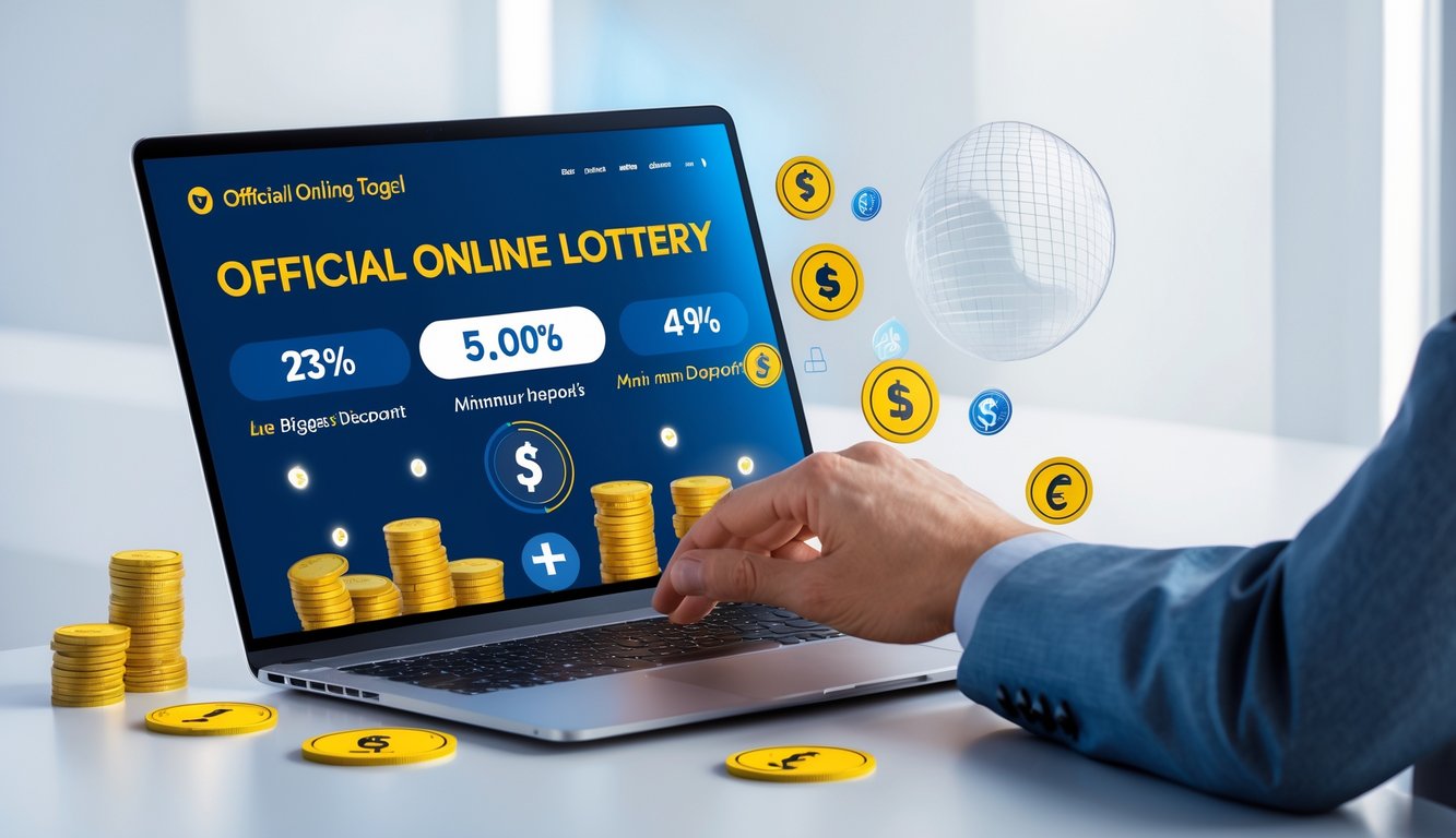 Seseorang menggunakan perangkat digital untuk mengakses situs togel online resmi dengan simbol diskon dan elemen keuangan di sekitarnya.