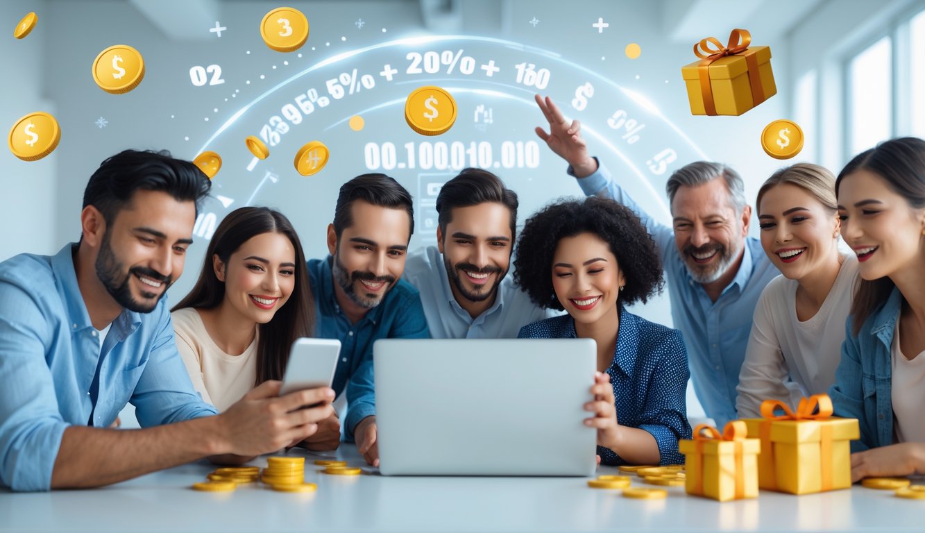 Sekelompok orang yang bahagia menggunakan laptop dan ponsel untuk bermain togel online di ruangan yang terang dan nyaman.