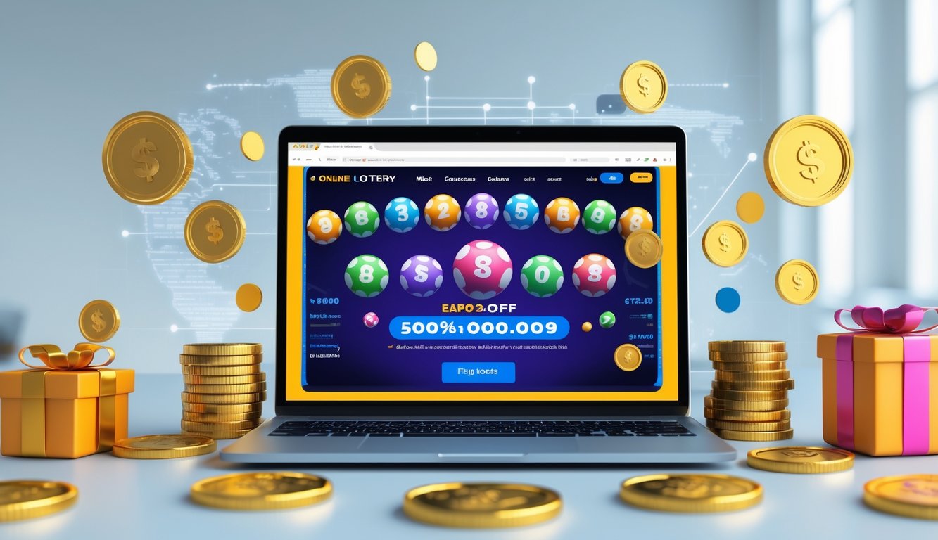 Sebuah meja kerja modern dengan laptop yang menampilkan situs togel online, dikelilingi oleh koin emas, tanda diskon, dan kotak hadiah.