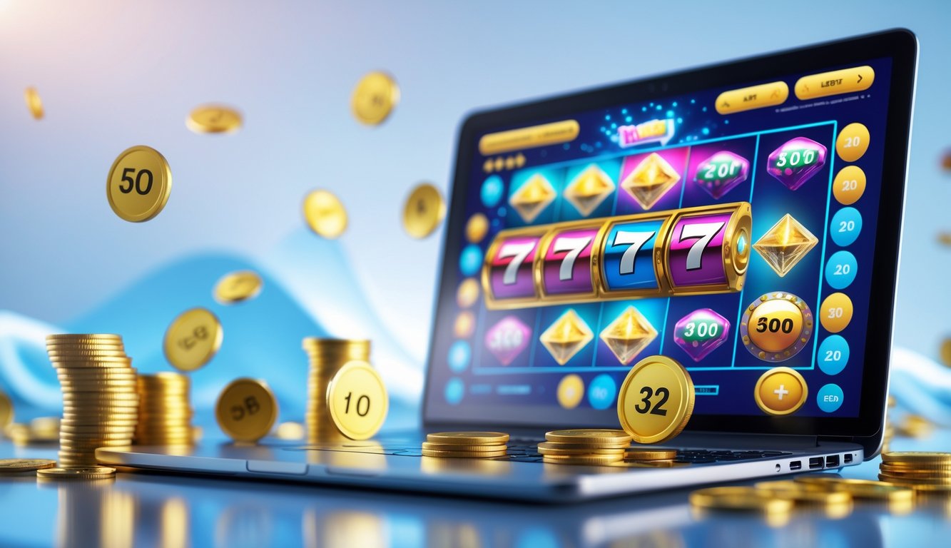 Seorang pemain menggunakan laptop dengan layar menampilkan permainan togel dan slot online, dikelilingi oleh koin emas dan bola togel bernomor.