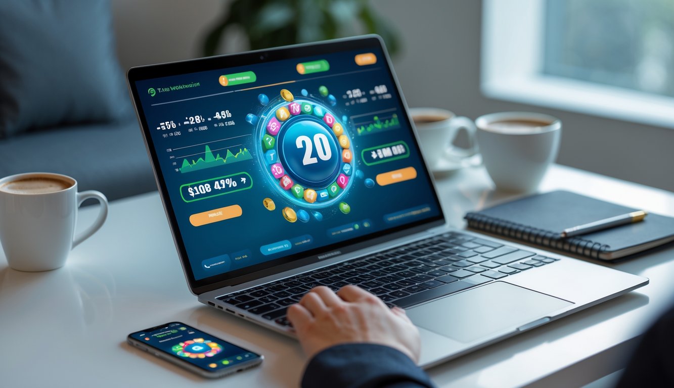 Seorang pria menggunakan laptop di meja kerja dengan tampilan antarmuka lotere online dan bola lotere di layar.