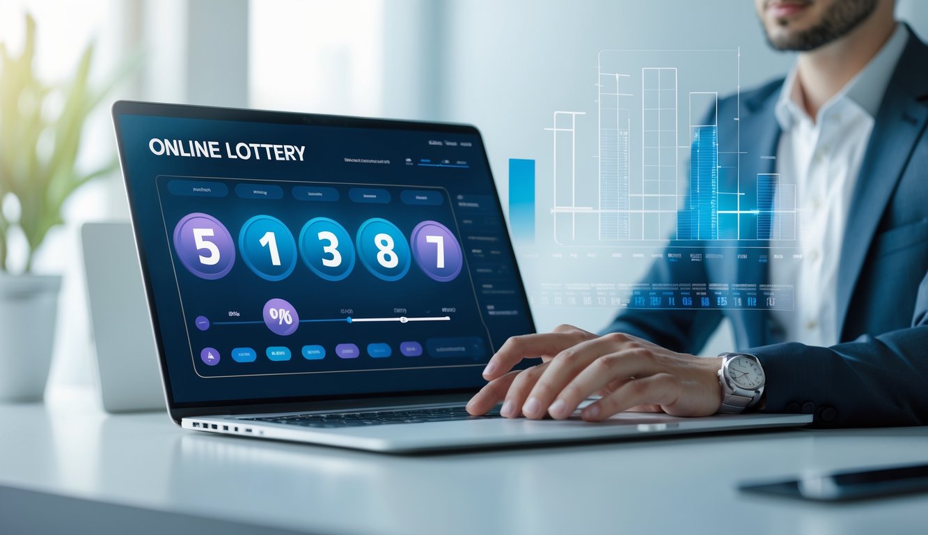 Seseorang menggunakan laptop di ruang kerja modern dengan tampilan antarmuka lotere digital di layar.