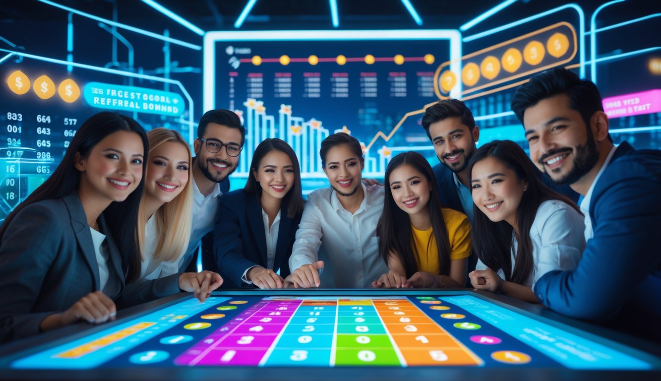 Sekelompok orang muda yang bahagia berkumpul di sekitar meja layar sentuh besar dengan angka lotere dan grafik warna-warni, di latar belakang terdapat elemen digital futuristik yang menunjukkan diskon dan bonus referral.