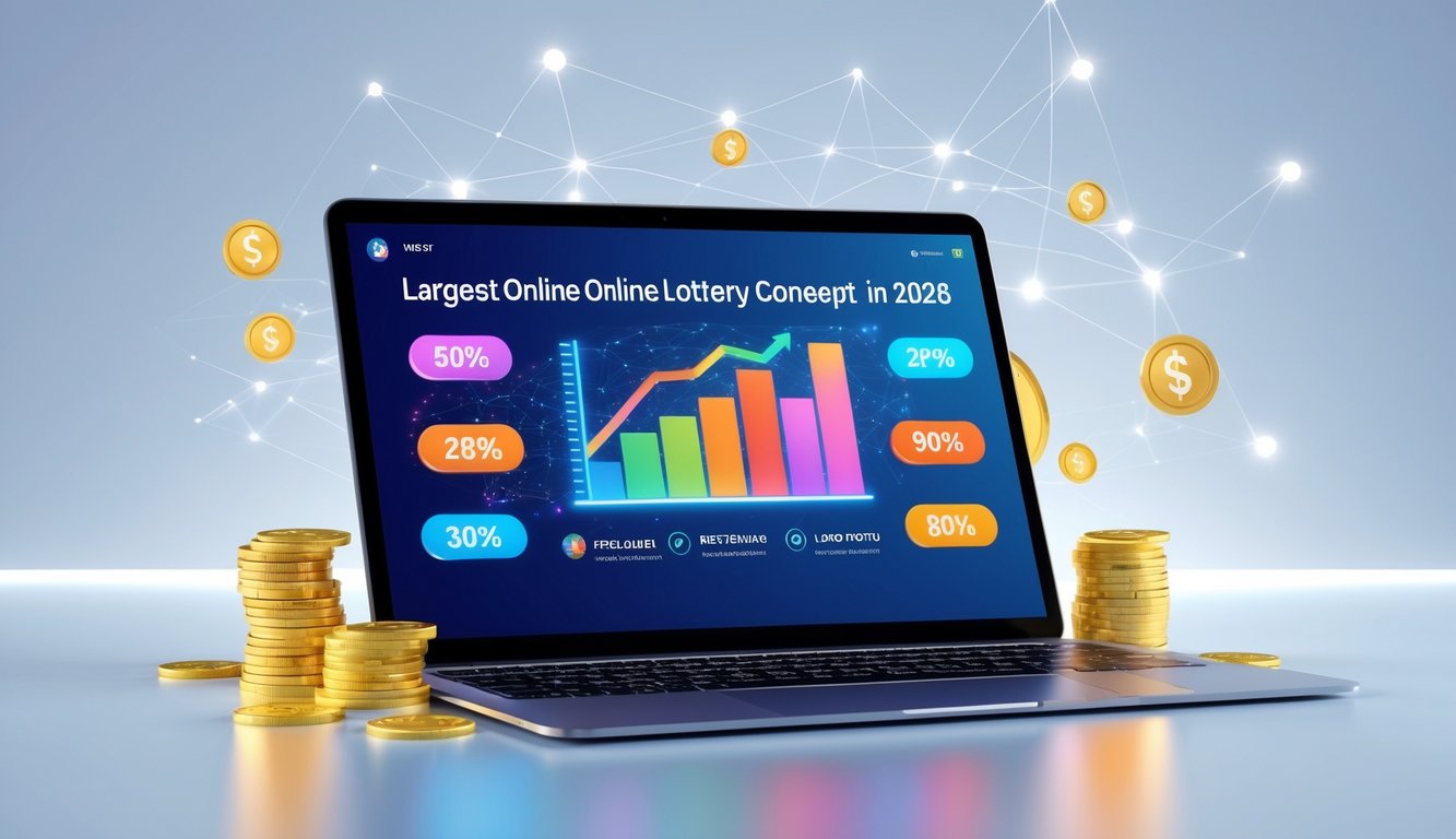 Seorang pengguna menggunakan laptop dengan tampilan grafik dan ikon diskon serta bonus referral yang menggambarkan konsep togel online dan transaksi digital.