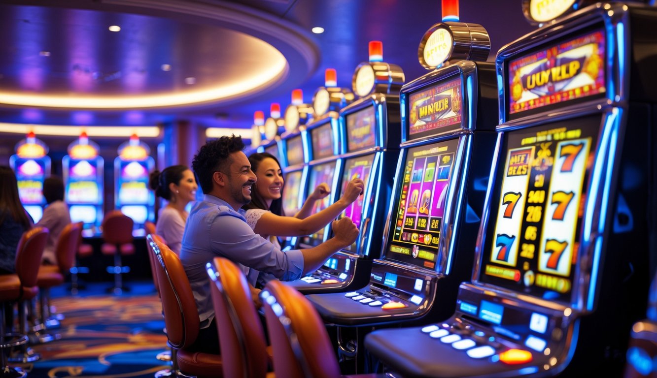 Suasana kasino modern dengan mesin slot berwarna-warni dan beberapa pemain yang terlihat senang dan antusias.