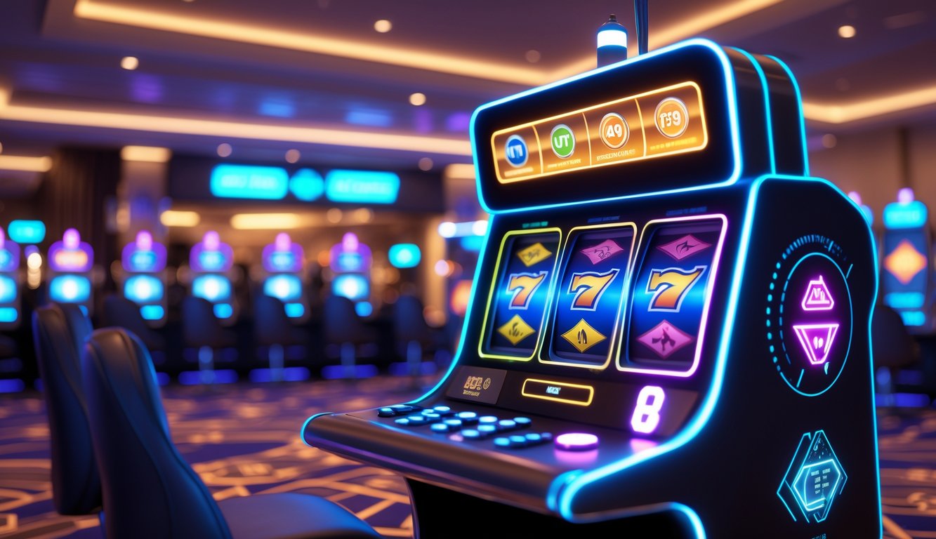 Mesin slot modern dengan lampu berwarna cerah di latar kasino yang elegan dan ramai.