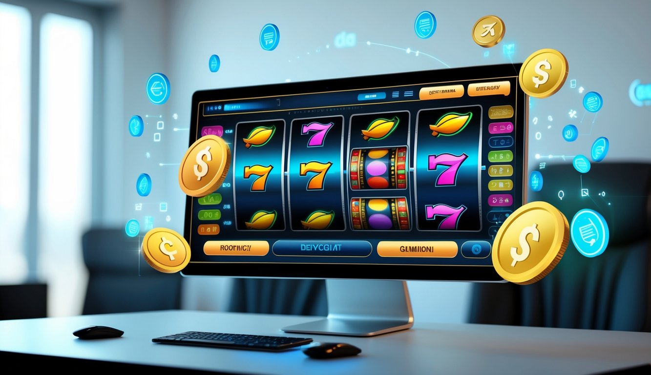 Suasana ruang kerja modern dengan komputer menampilkan permainan slot dan ikon transaksi digital di sekitarnya.