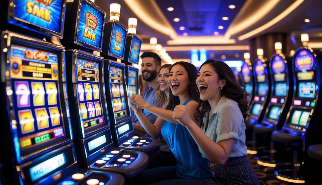 Orang-orang bermain mesin slot yang berwarna-warni di dalam kasino dengan suasana penuh semangat dan lampu terang.