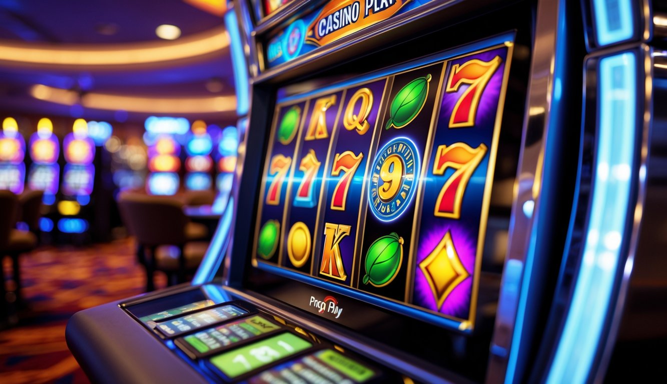 Mesin slot modern di kasino dengan gulungan berwarna-warni yang sedang berputar, menunjukkan suasana kasino yang hidup dan penuh semangat.