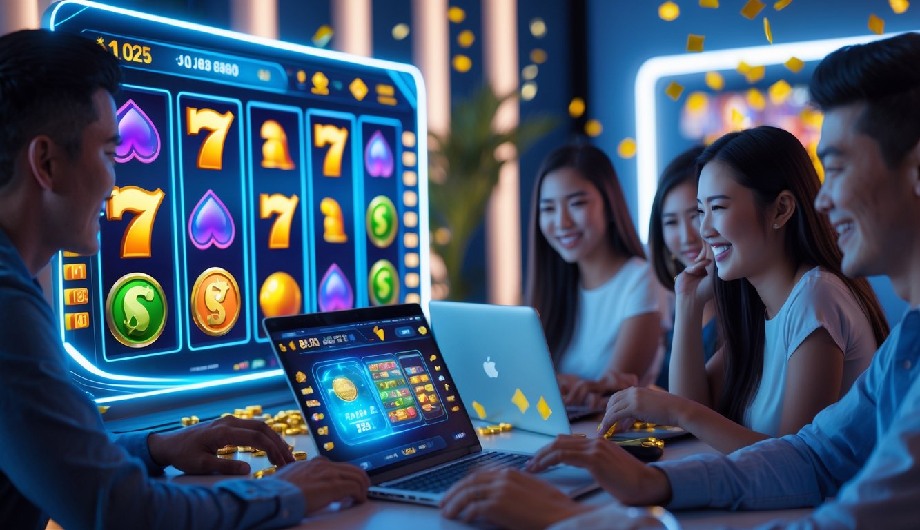 Orang-orang muda bermain permainan slot online dengan antusias di ruangan modern yang terang dan bergaya.