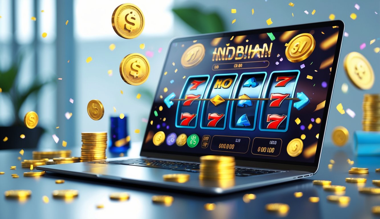 Layar perangkat digital menampilkan permainan slot dengan koin emas dan cahaya meriah di latar yang bersih dan terang.