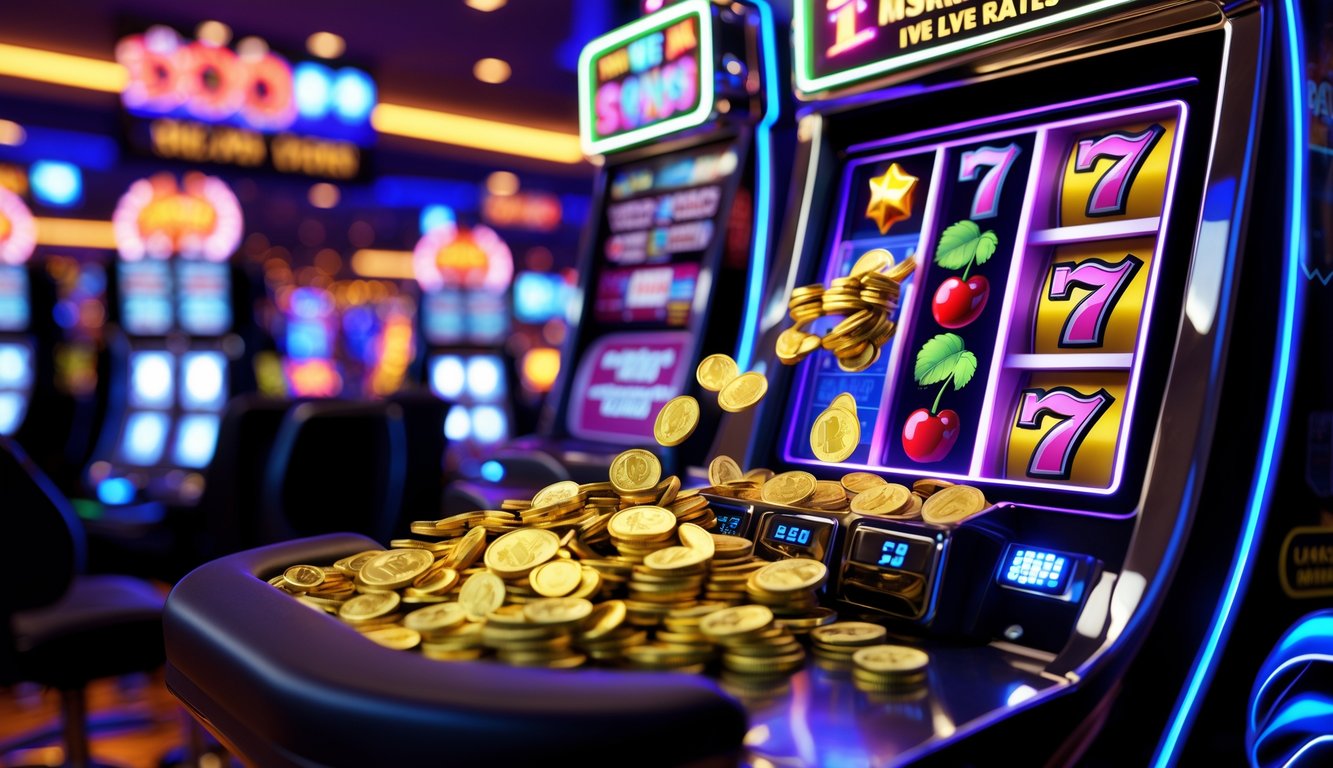 Mesin slot modern dengan simbol keberuntungan dan koin yang keluar, menunjukkan kemenangan besar di kasino.