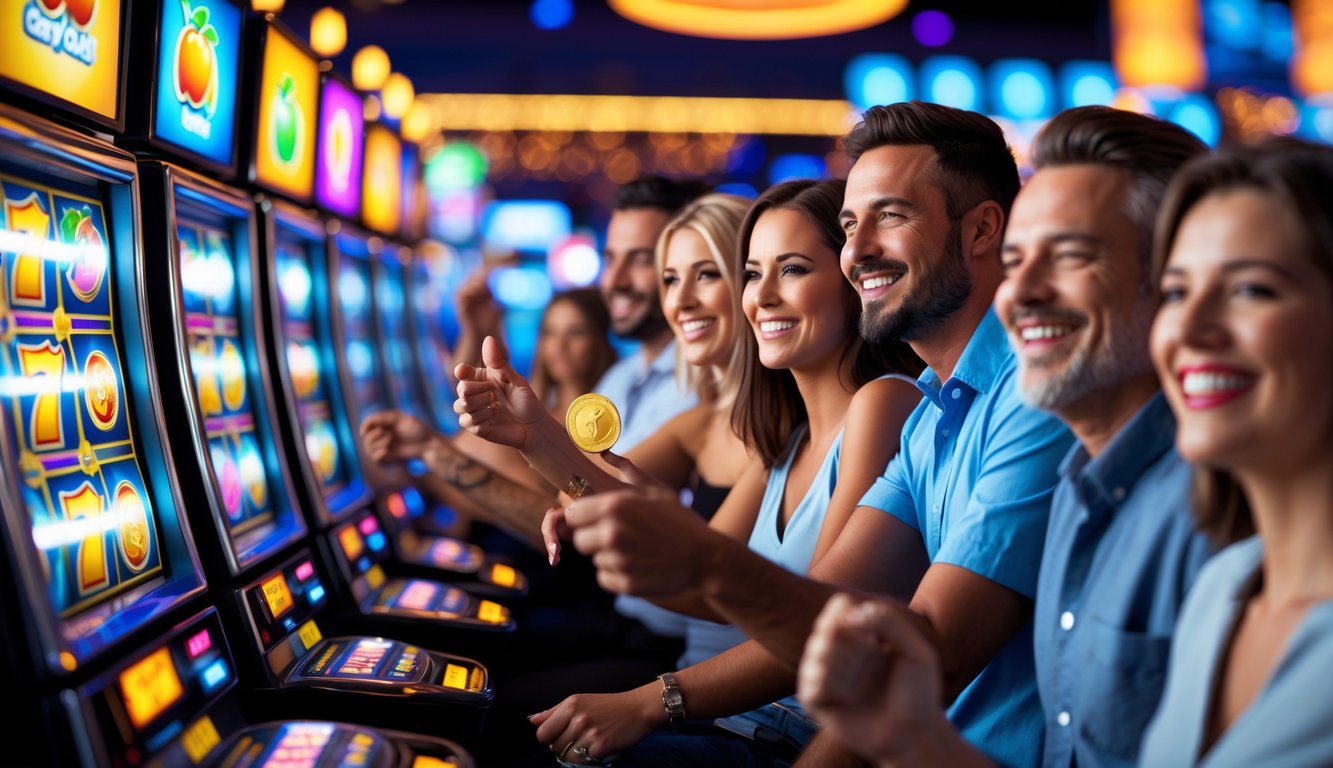 Orang-orang bahagia bermain mesin slot berwarna-warni di kasino dengan suasana cerah dan penuh kegembiraan.
