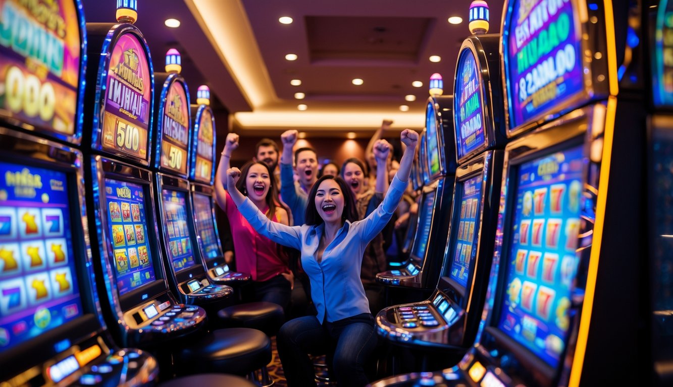 Suasana kasino dengan mesin slot modern yang menyala dan pemain yang sedang merayakan kemenangan besar.