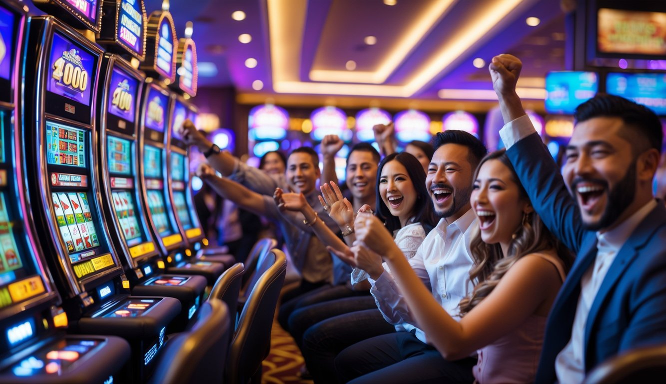 Beberapa orang bermain mesin slot di kasino dengan ekspresi gembira dan lampu mesin yang menyala terang.
