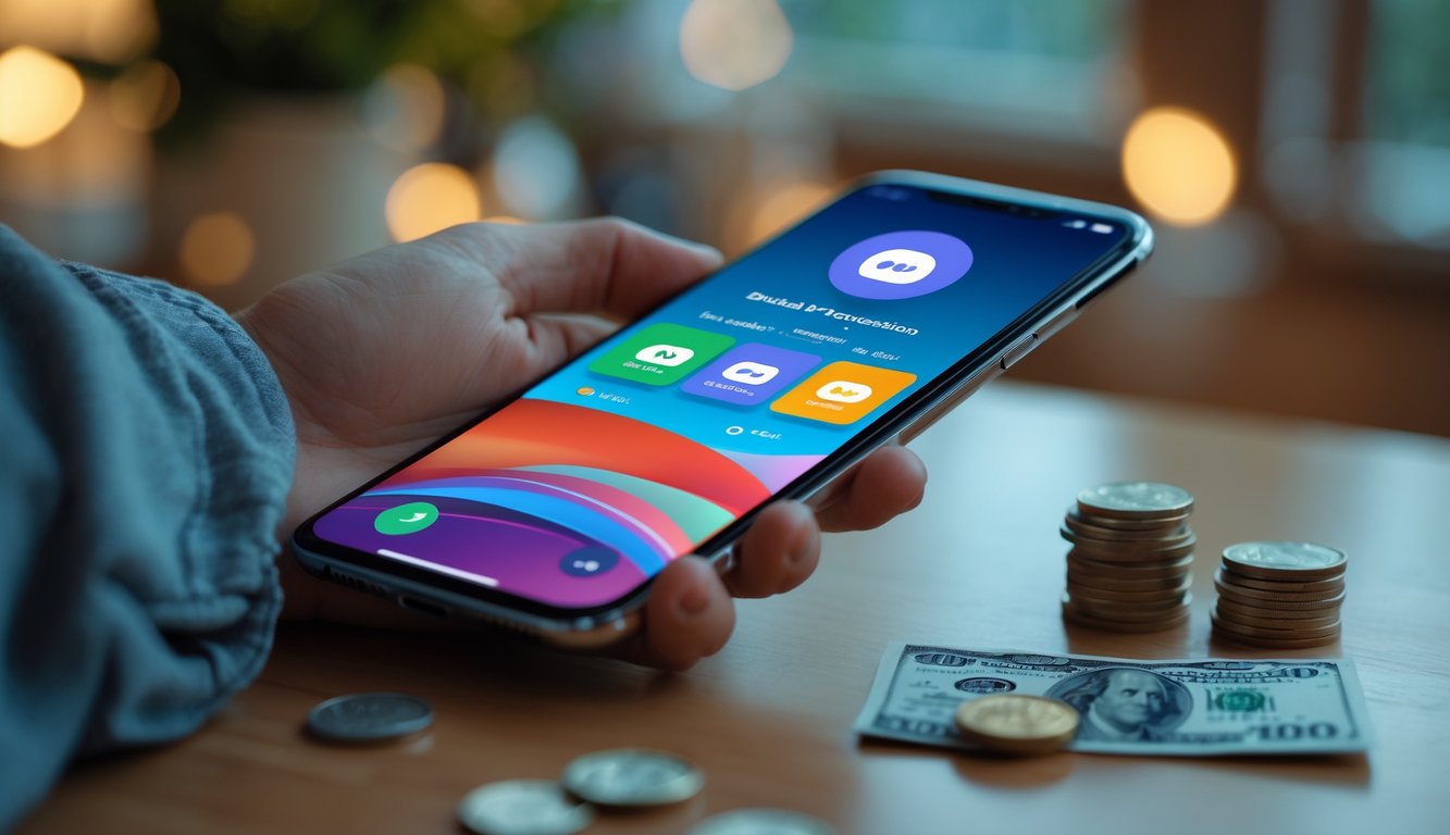 Tangan memegang smartphone yang menampilkan aplikasi dompet digital dengan ikon OVO dan GoPay, di latar belakang suasana dalam ruangan yang hangat dan nyaman.