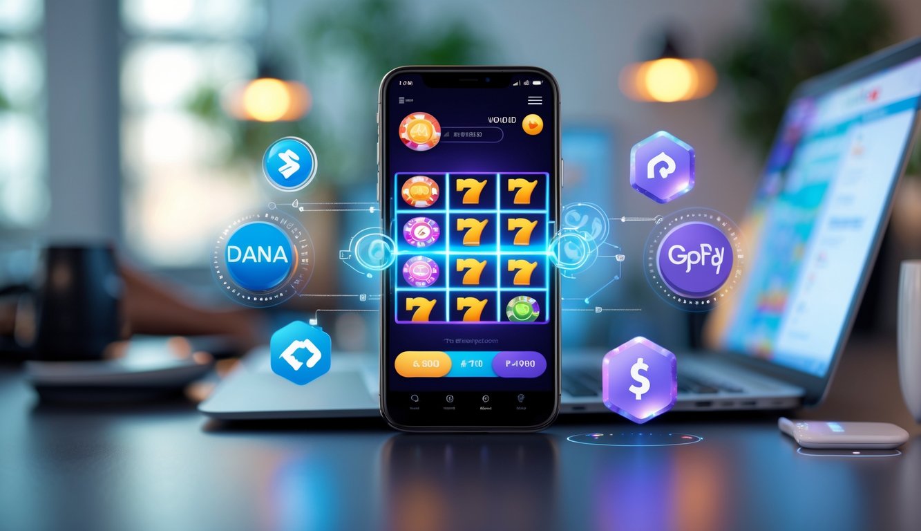 Seorang pengguna memegang ponsel yang menampilkan permainan slot online dengan ikon e-wallet Dana, OVO, dan GoPay di sekitarnya, di sebuah meja kerja yang rapi.