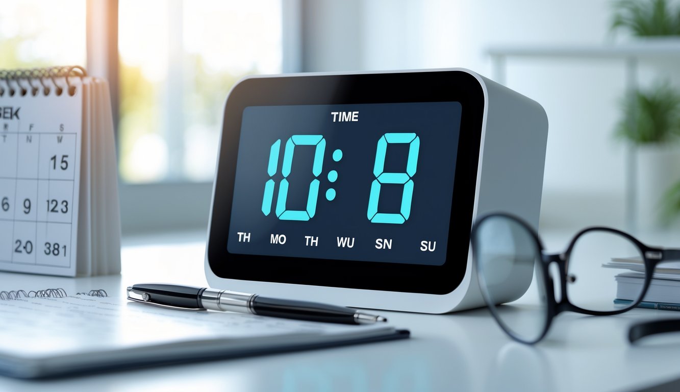 Jam digital modern di atas meja kantor dengan kalender dan alat tulis di sekitar, menunjukkan suasana kerja yang rapi dan fokus.