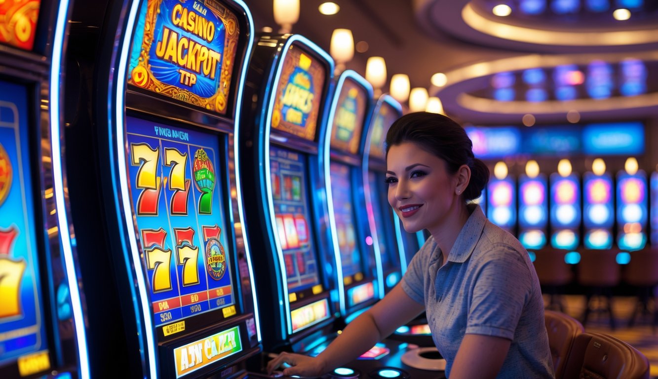 Seorang pria sedang bermain mesin slot di kasino yang terang dengan mesin slot berwarna-warni di latar belakang.