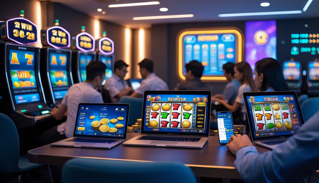 Orang-orang menggunakan perangkat digital bermain mesin slot online di ruangan modern dengan suasana fokus dan bersemangat.