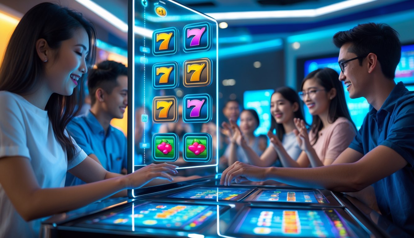 Orang-orang muda sedang menggunakan layar sentuh dengan ikon permainan slot berwarna-warni di ruangan cerah yang modern.