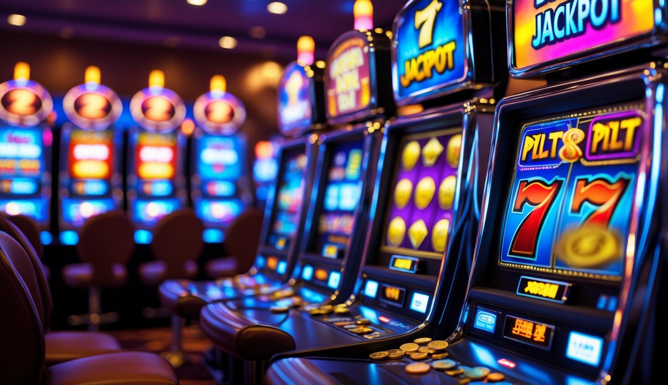 Mesin slot modern dengan lampu warna-warni dan simbol jackpot yang menyala, menunjukkan suasana kemenangan di kasino.