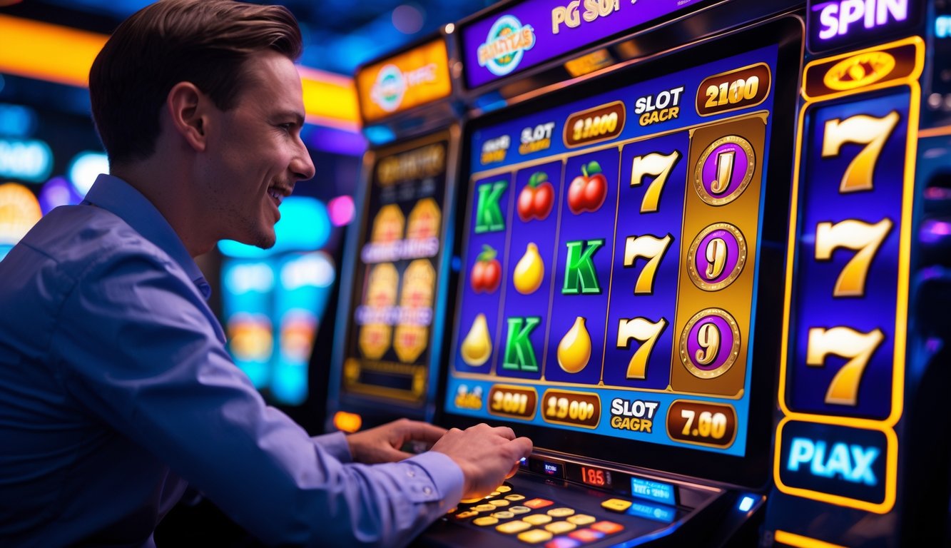 Seorang pemain yang fokus menggunakan mesin slot digital dengan layar penuh warna dan simbol keberuntungan di latar kasino modern.