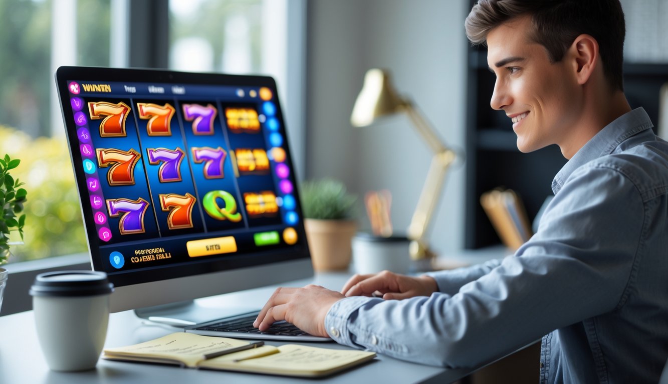 Seorang dewasa muda duduk di meja dengan laptop yang menampilkan permainan slot online, terlihat fokus dan percaya diri di ruang kerja rumah yang terang.