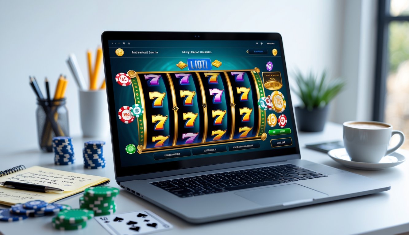 Seorang pengguna sedang bermain mesin slot online di komputer dengan catatan dan alat tulis di meja kerja yang rapi.