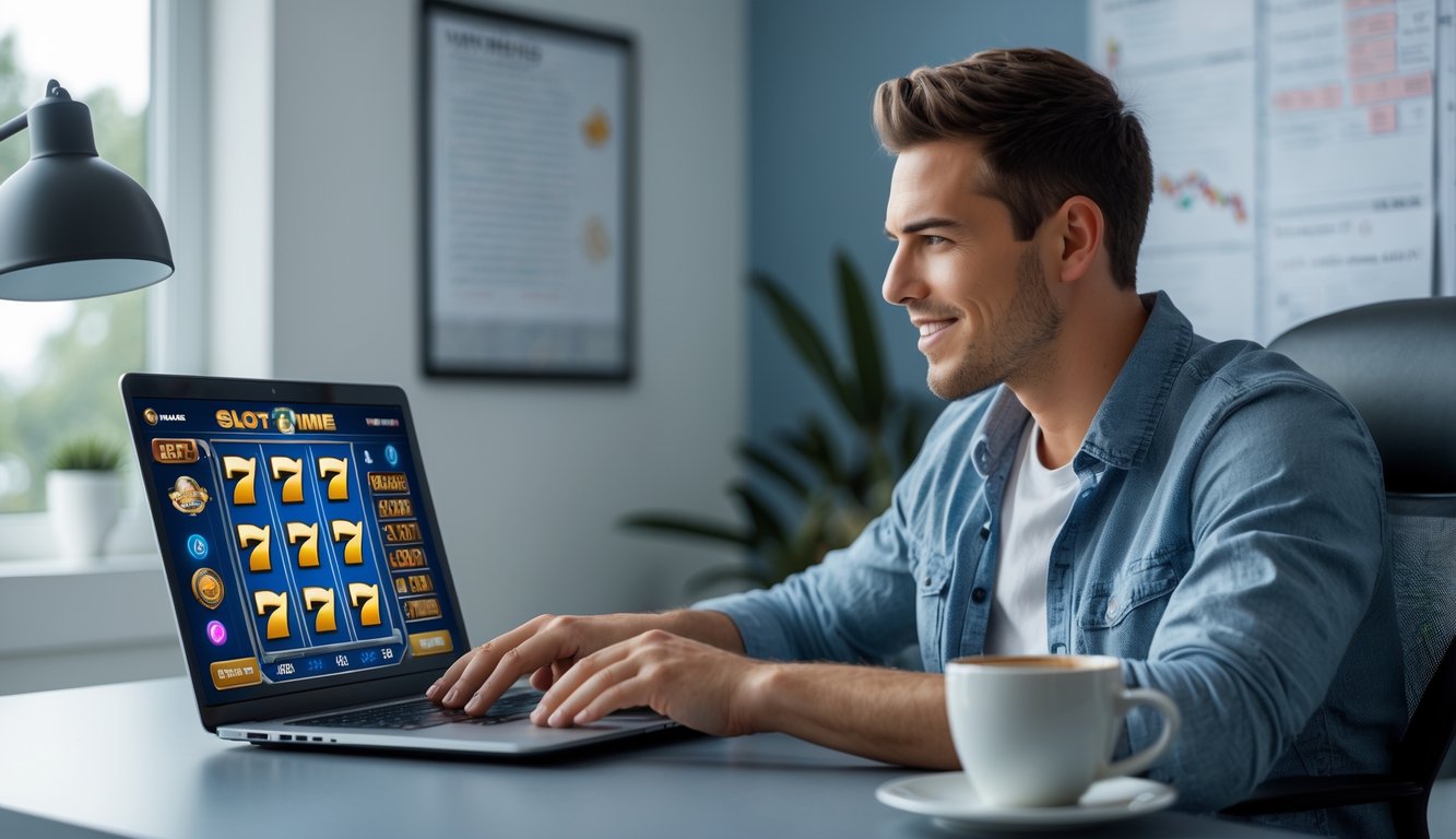 Seorang pria muda duduk di depan laptop yang menampilkan permainan mesin slot digital, dengan latar belakang kantor rumah yang rapi dan suasana fokus.