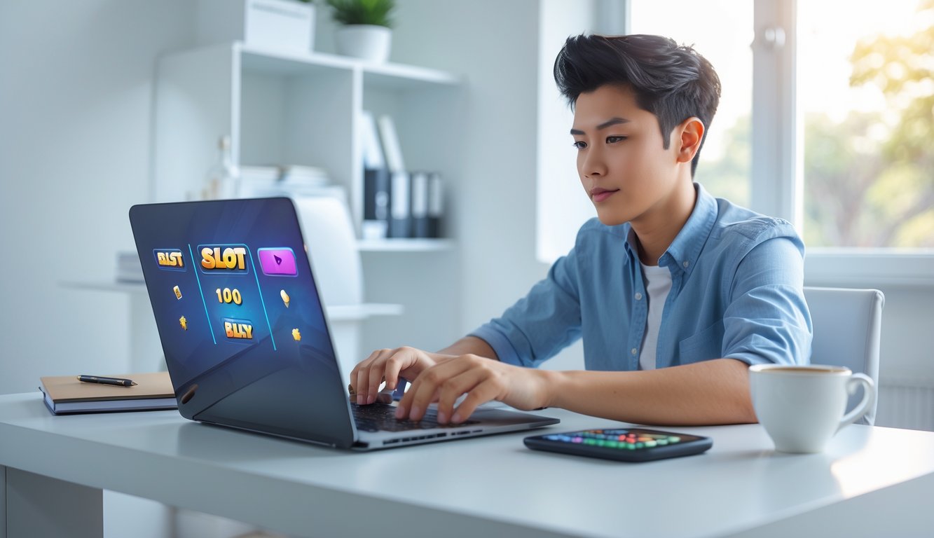 Seorang dewasa muda duduk di meja modern, fokus bermain game slot online di laptop dengan alat tulis dan kalkulator di dekatnya.