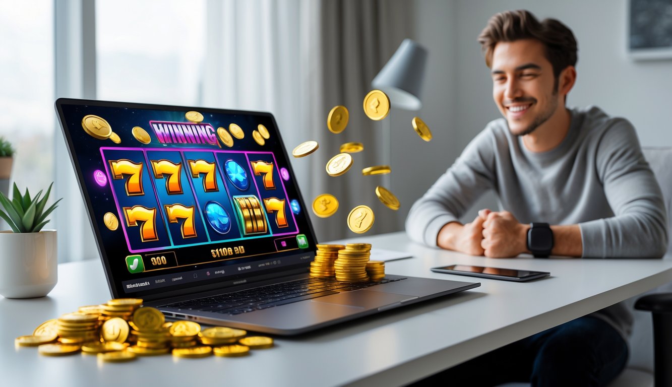 Seseorang tersenyum di depan laptop yang menampilkan permainan slot online dengan koin dan simbol kemenangan di layar.