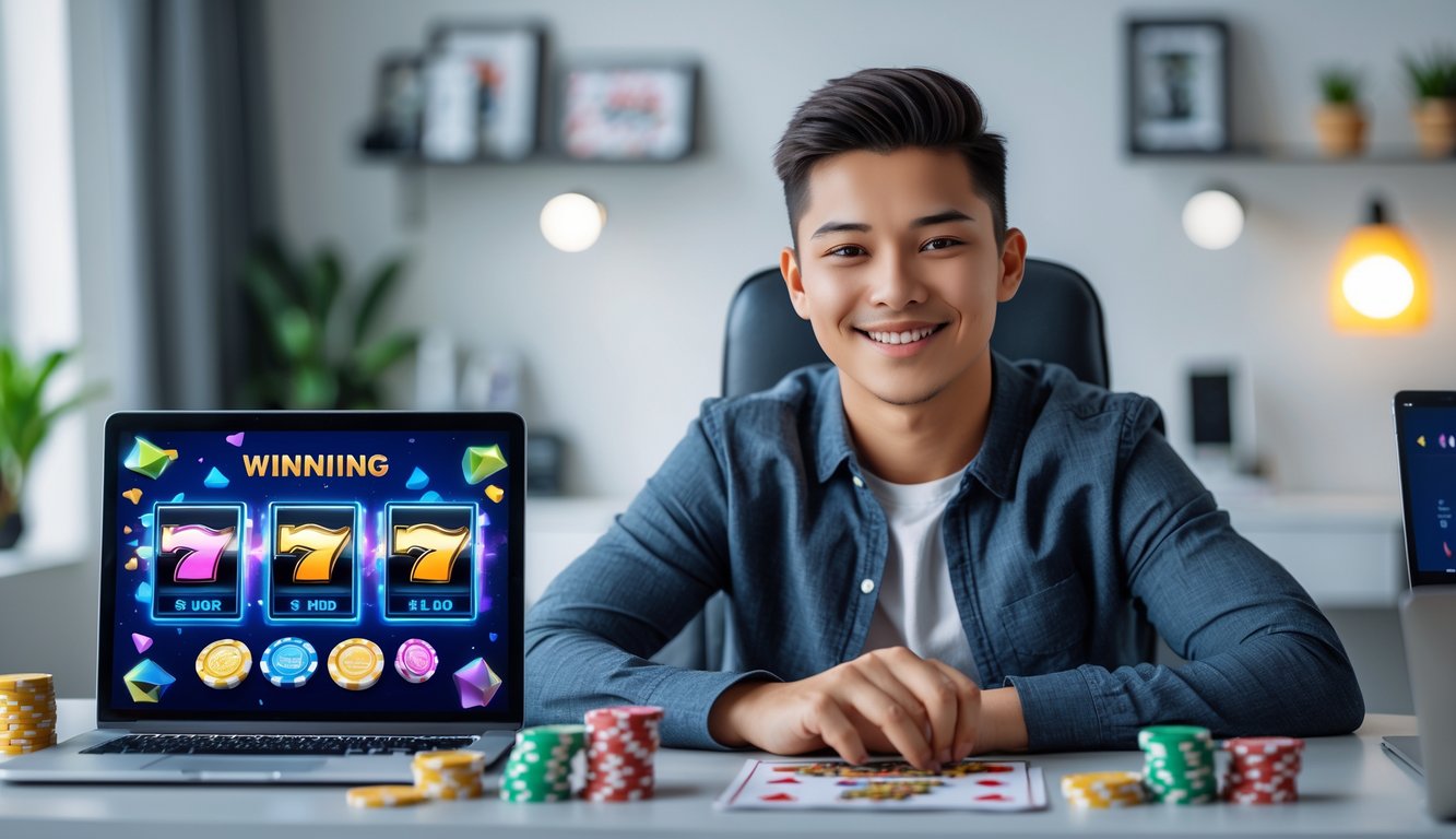 Seorang dewasa muda duduk di meja dengan laptop dan ponsel yang menampilkan permainan slot online, tersenyum dengan ekspresi fokus dan optimis di ruang kerja modern.