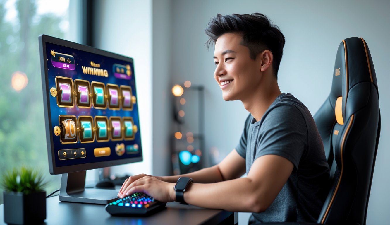 Seorang pemula yang percaya diri sedang bermain mesin slot online di komputer dalam ruangan yang terang dan nyaman.